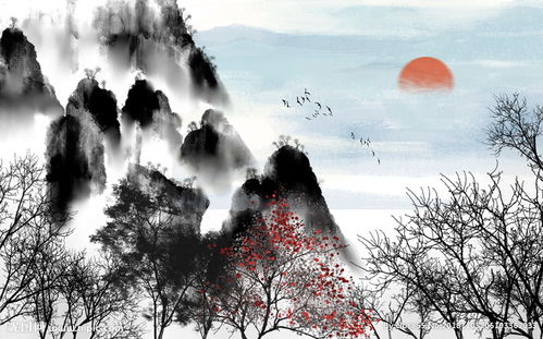 中式简洁树木山水风景背景墙图片